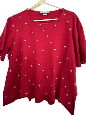 Kathy Daniel Red Star-Embroidered Short Sleeve Top Nautical Patriotic EUC SZ 1X